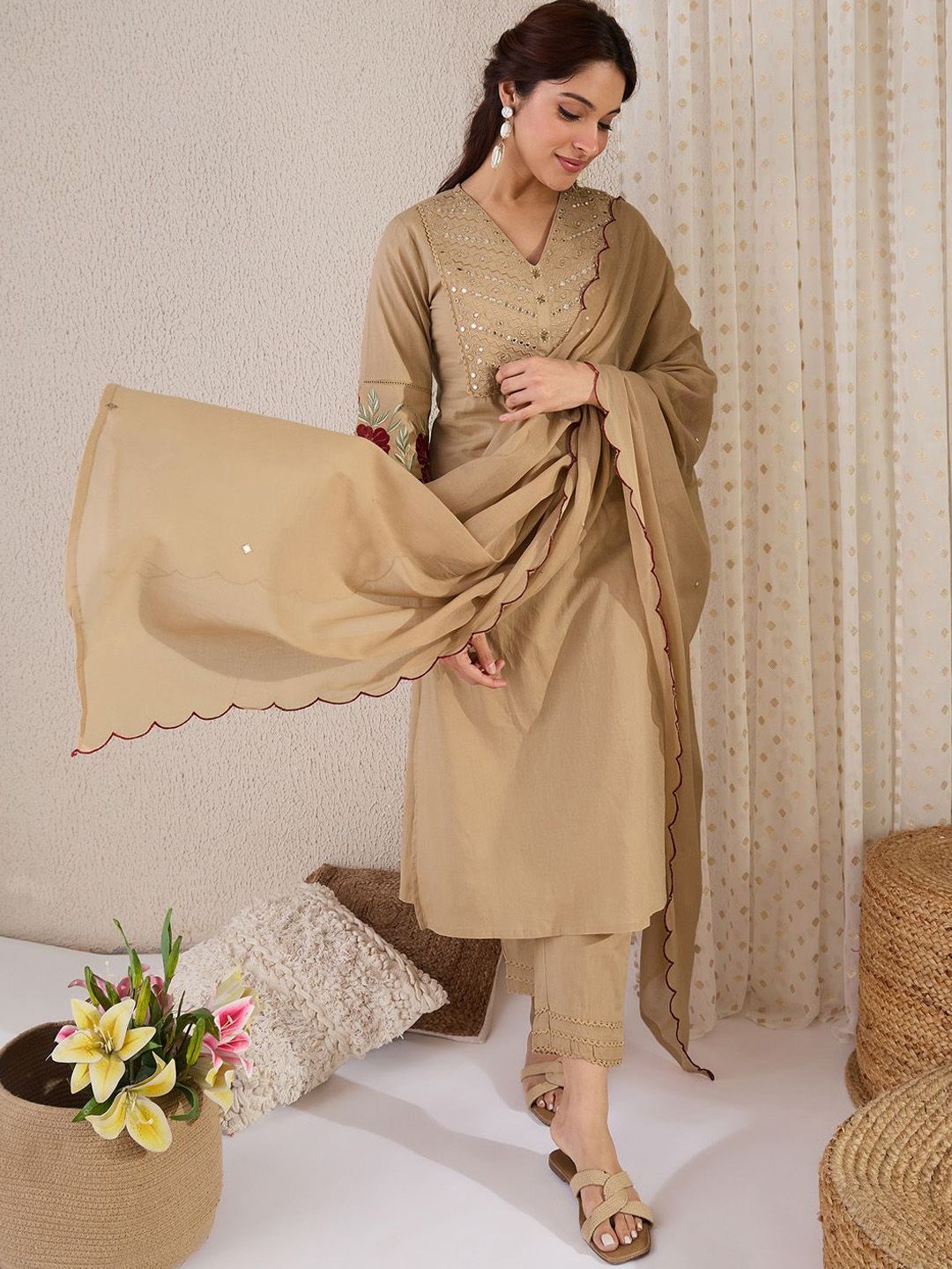 Dhiyona IE Women Yoke Design Embroidered Cotton Kurta with Trousers & Dupatta