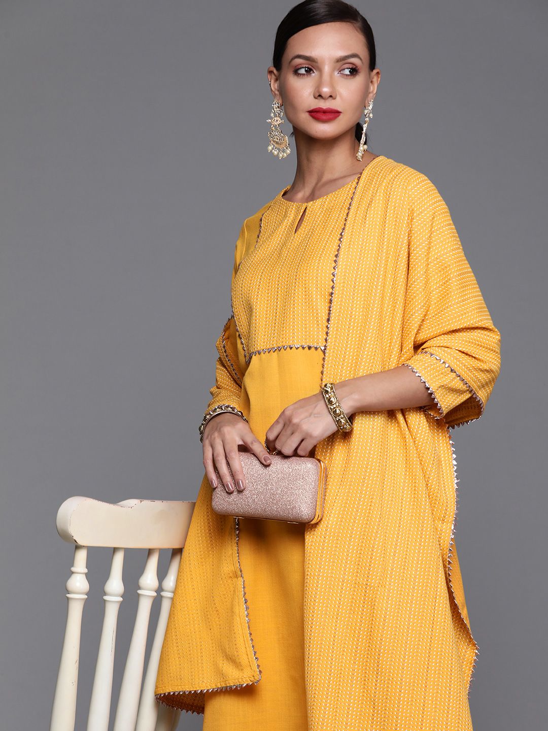 Dhiyona IE Women Mustard Yellow Yoke Design Kurta with Palazzos & Dupatta