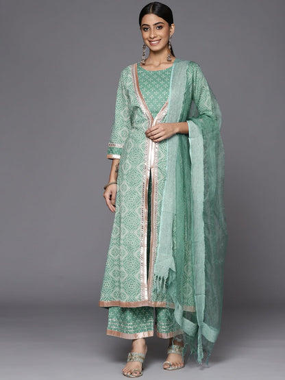 Dhiyona VA Women's Teal Bandhani Printed High Slit Gotta Patti Pure Cotton Kurta with Palazzos & With Dupatta