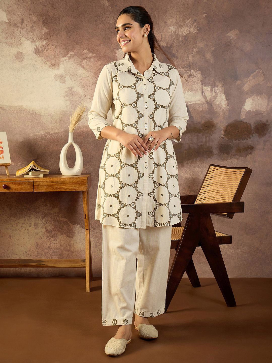 Dhiyona IE Printed Shirt Collar Tunic With Trouser