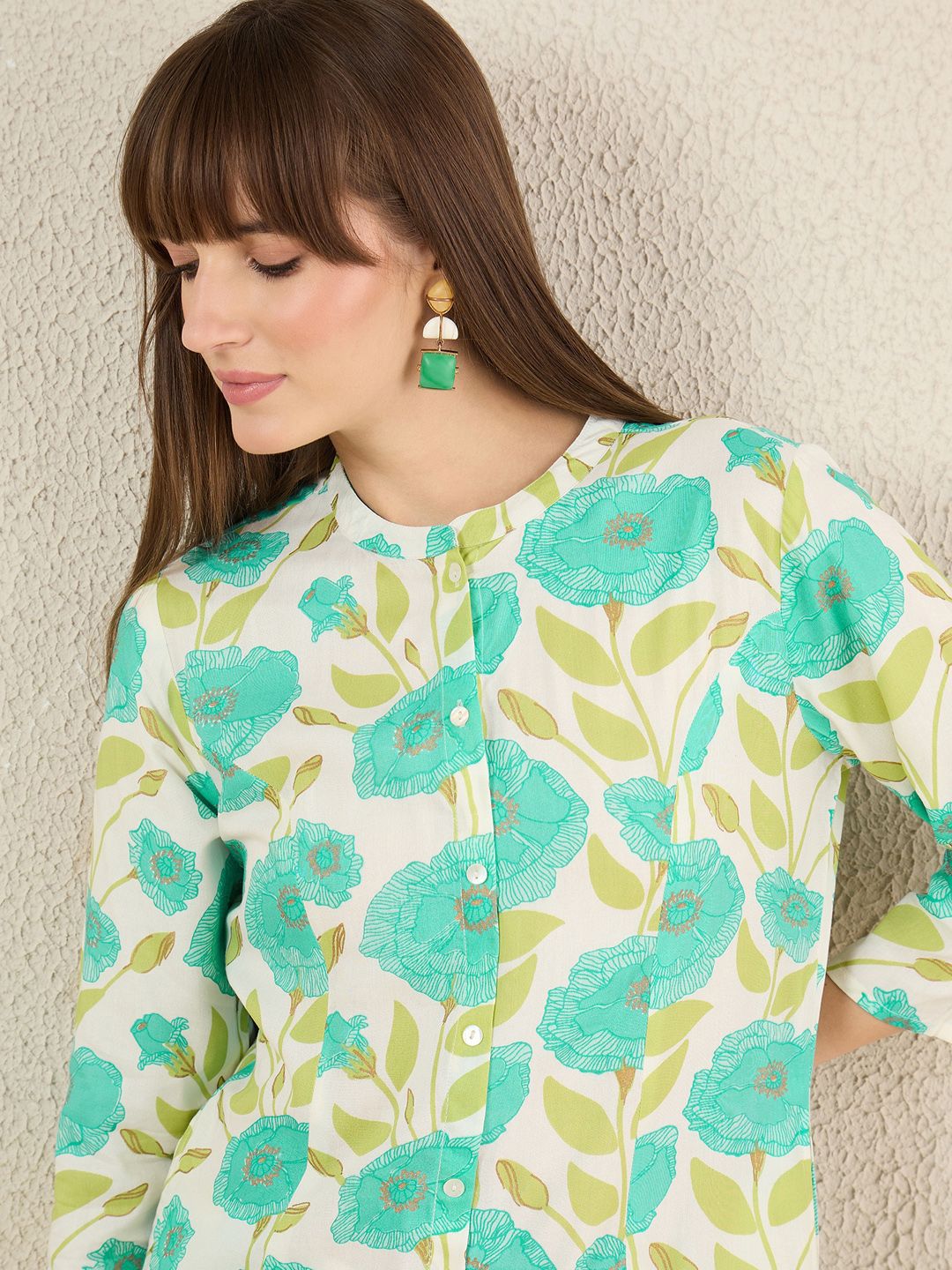 Floral Printed Mandarin Collar A-Line Kurta With Palazzos