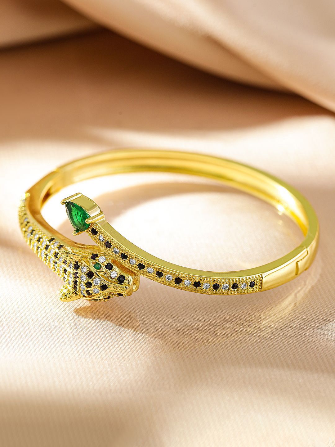 Dhiyona RJ Women's 22K Gold Plated Demi Fine Panther Bracelet with Green Black & White Cubic Zirconia