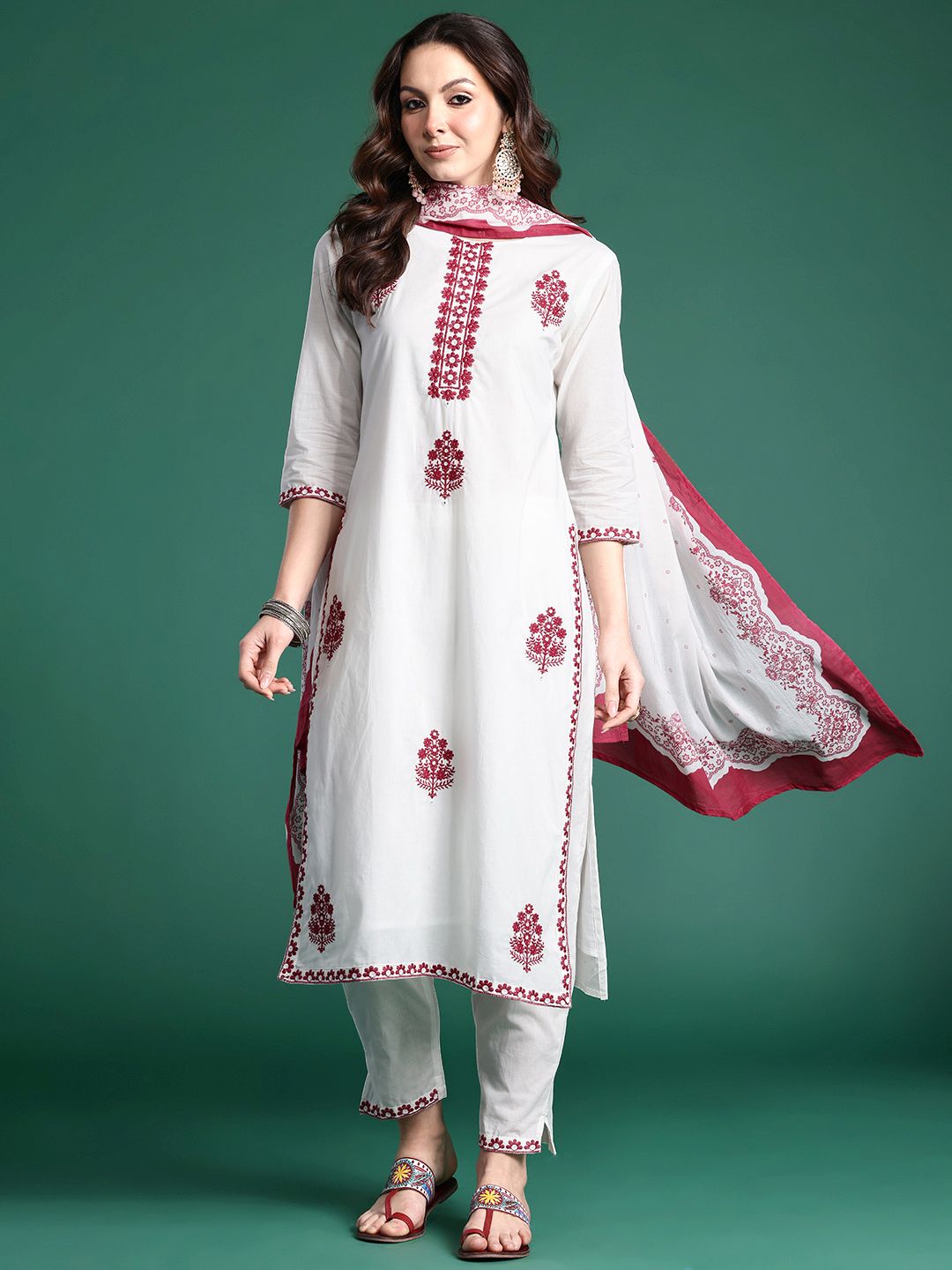 Floral Embroidered Kurta with Trousers & Dupatta