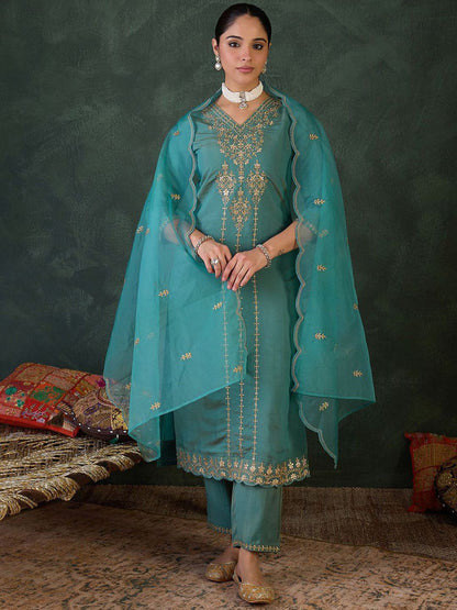Dhiyona IE Women Ethnic Motifs Embroidered Regular Zari Kurta with Trousers & Dupatta