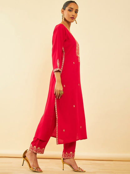 Dhiyona SO Women's Red Ethnic Motifs Embroidered Regular Mirror Work Kurta With Trousers