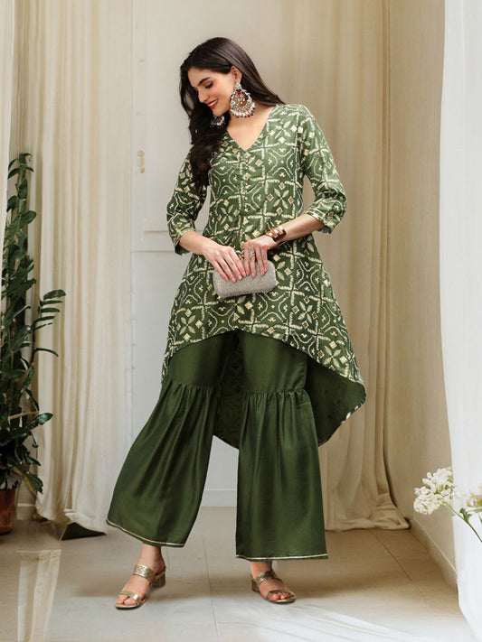 Dhiyona IS Women's Geometric Printed V-Neck A-Line Kurta with Sharara