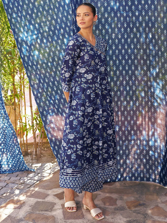 Dhiyona LB Women's Floral Printed Angrakha Sequinned Pure Cotton Anarkali Kurta with Trousers
