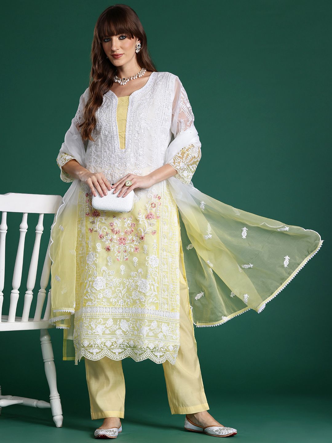 Floral Embroidered Sequinned Kurta With Trousers & Dupatta