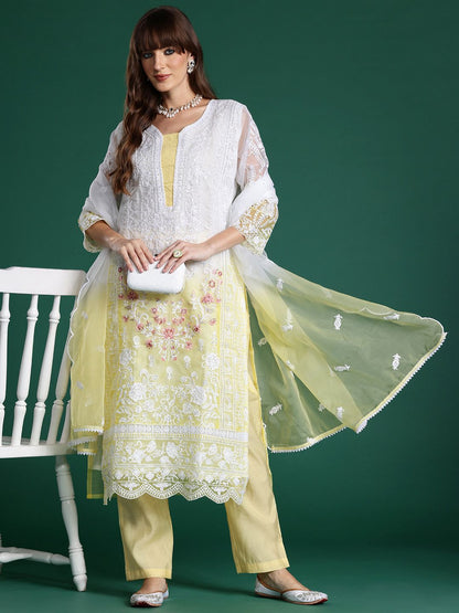 Floral Embroidered Sequinned Kurta With Trousers & Dupatta