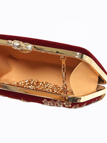 Dhiyona NR Maroon & Gold-Toned Embroidered Box Clutch