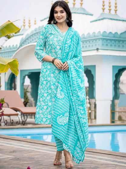 Dhiyona VA Women'sEthnic Motifs Printed Regular Mirror Work Kurta with Trouser & Dupatta