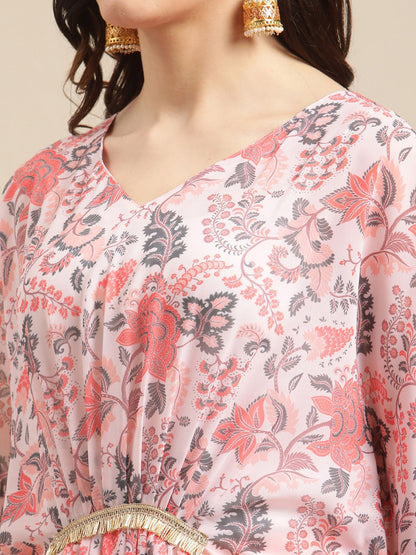 Dhiyona VA Women's Peach-Coloured & Pink Floral Printed Kaftan Kurta With Trousers