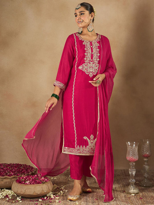 Dhiyona IE Women Embroidered Regular Kurta with Trousers & With Dupatta