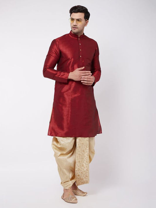 Men's Maroon Silk Blend Straight Kurta and Dhoti Set