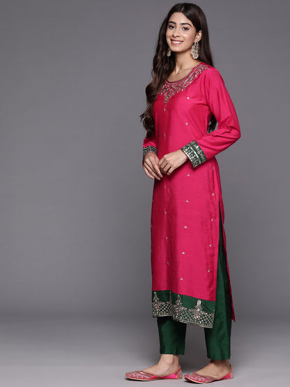 Dhiyona VA Women'sEthnic Motifs Embroidered Straight Kurta & Trousers With Dupatta