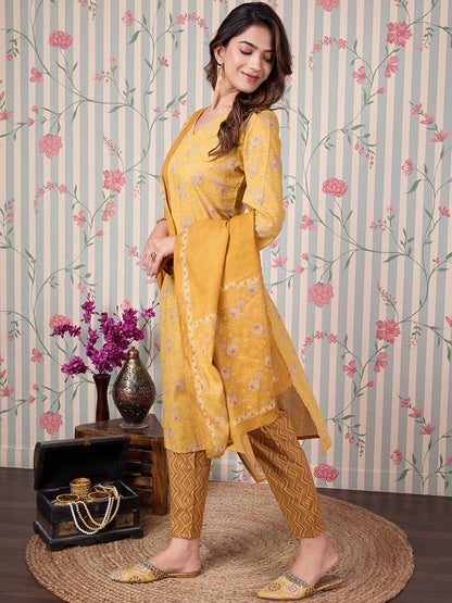 Dhiyona OD  Floral Printed Regular Pure Cotton Kurta with Trousers & Dupatta