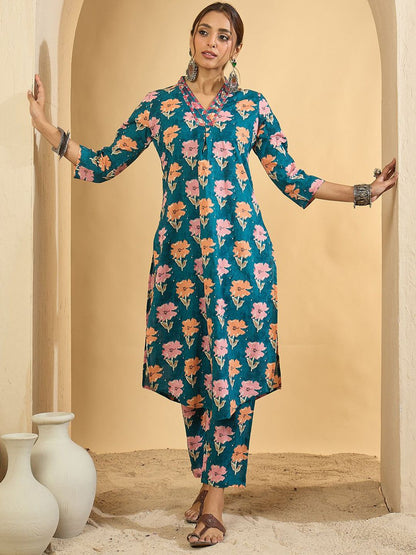 Women Floral Printed Pleated Mirror Work Pure Cotton Kurta & Trousers