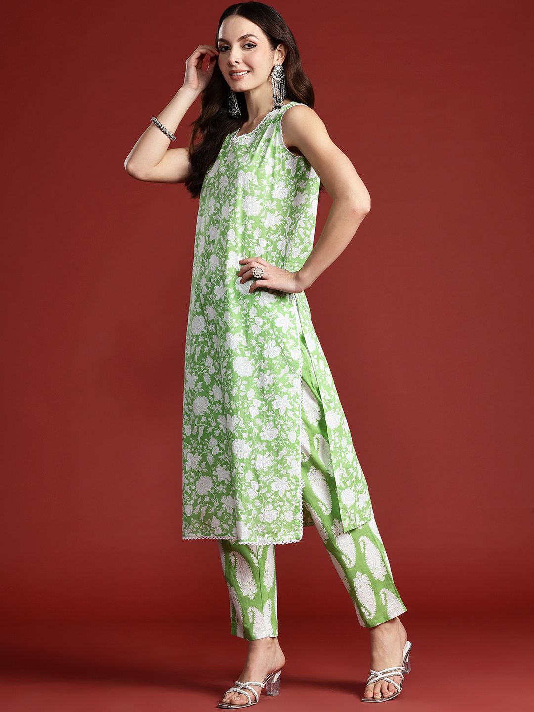 Paisley Printed Sequinned Pure Cotton Kurta with Trousers & With Dupatta