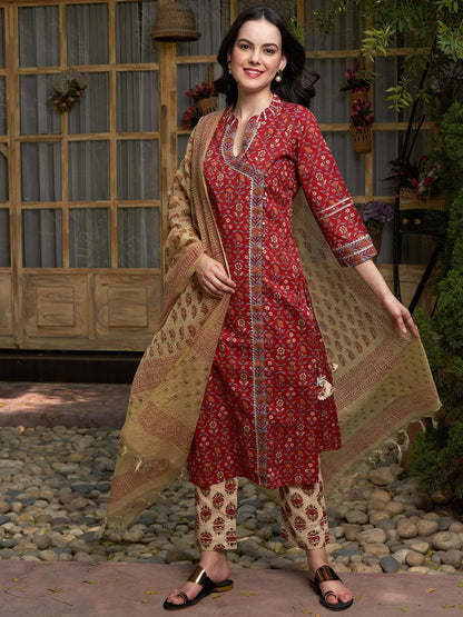 Dhiyona SN Women's Maroon Floral Printed Angrakha Pure Cotton Kurta with Trousers & Dupatta