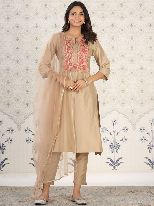 Dhiyona OD  Floral Yoke Design Sequinned Kurta with Trousers & Dupatta
