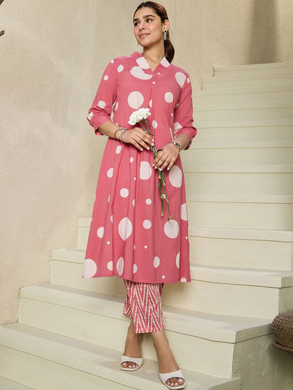 Geometric Printed V-Neck Pure Cotton A-line Kurta With Trousers