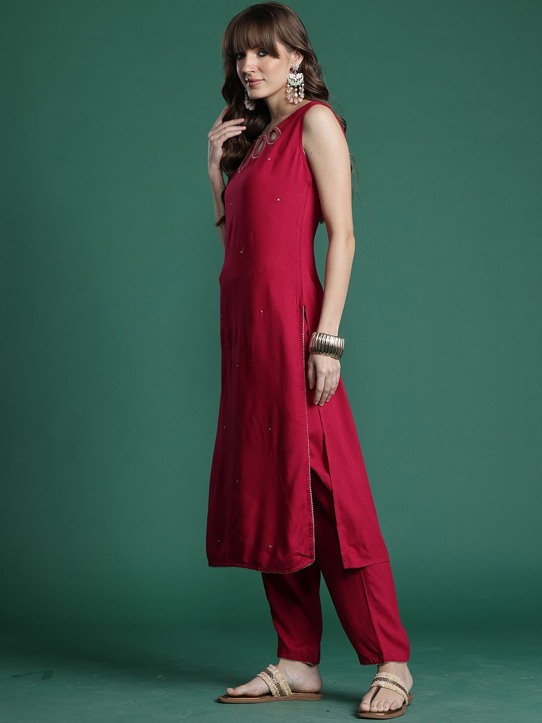 Dhiyona IE Self Designed Round Neck Straight Top With Trousers Co-Ords