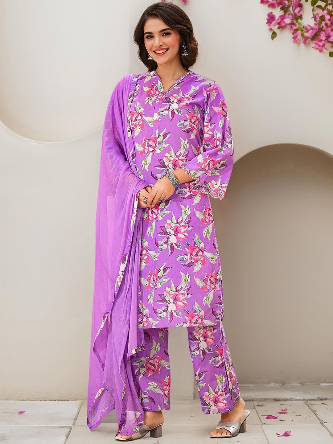 Dhiyona IS Women's Floral Printed Pure Cotton Kurta with Trousers & Dupatta