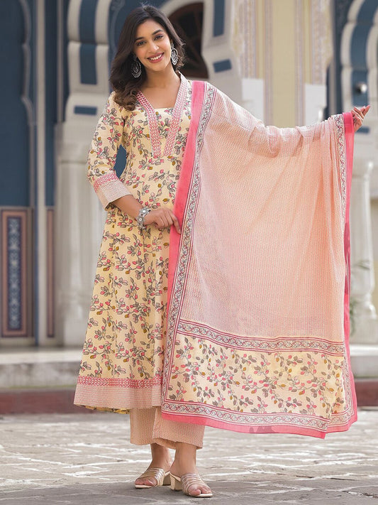 Dhiyona VA Women'sFloral Printed Pure Cotton Empire Anarkali Kurta With Trouser & Dupatta