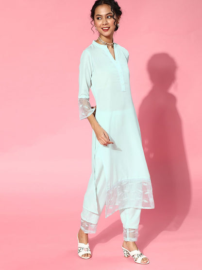 Blue Silk Blend Mandarin Collar Kurta Set