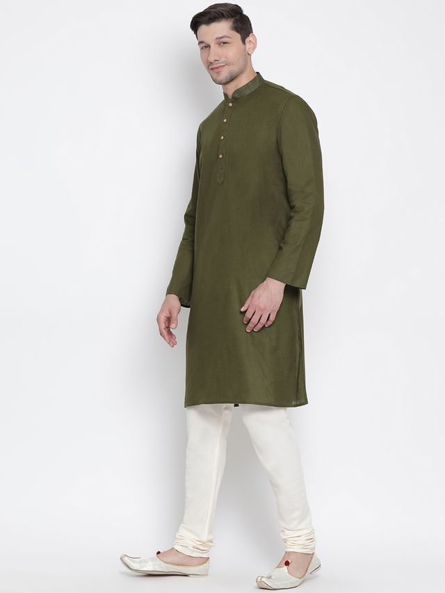 Men's Green Cotton Linen Straight Kurta Pyjama Set