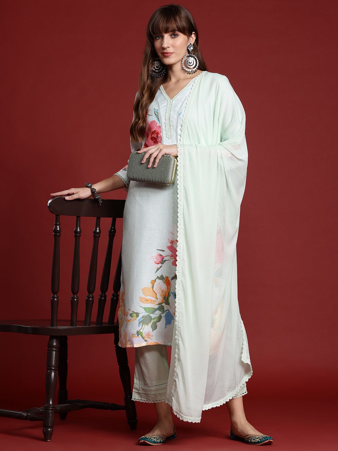 Floral Printed Linen Kurta With Trousers & Dupatta