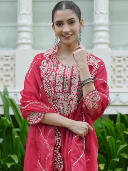 Ethnic Motifs Embroidered Liva Kurta With Trousers & Dupatta