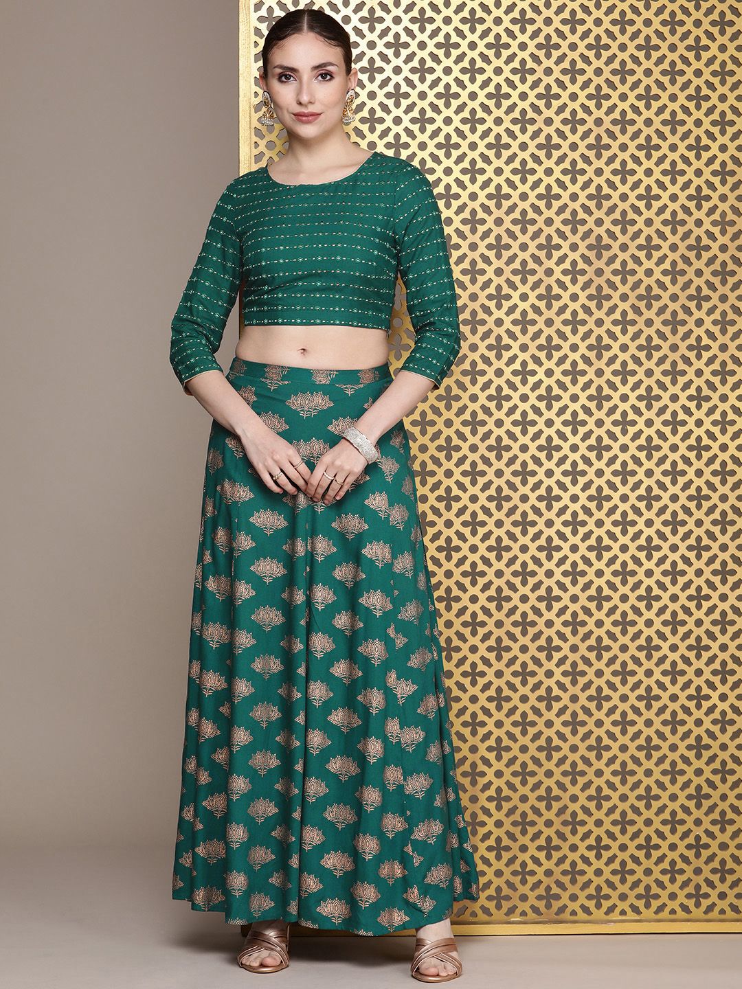 Dhiyona PD Women Floral Embroidered Jashn Regular Thread Work Top with Skirt