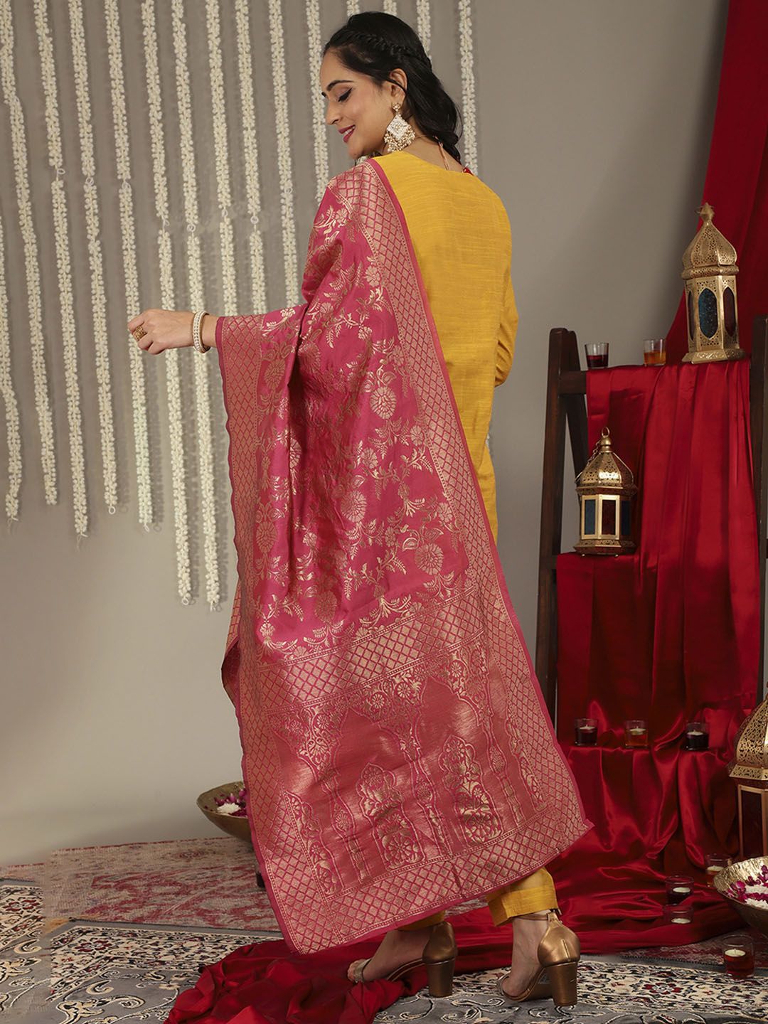 Dhiyona VA Women'sMustard Yellow Ethnic Motifs Embroidered Kurta with Palazzos & With Dupatta