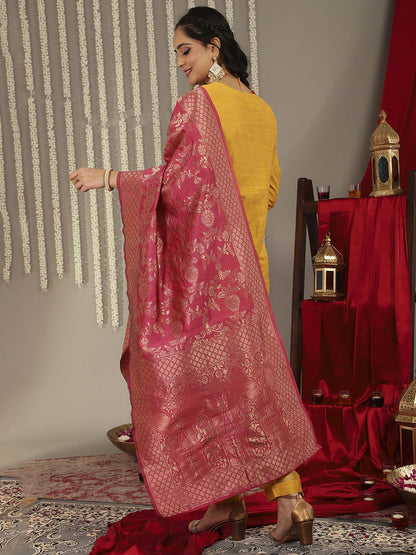 Dhiyona VA Women'sMustard Yellow Ethnic Motifs Embroidered Kurta with Palazzos & With Dupatta