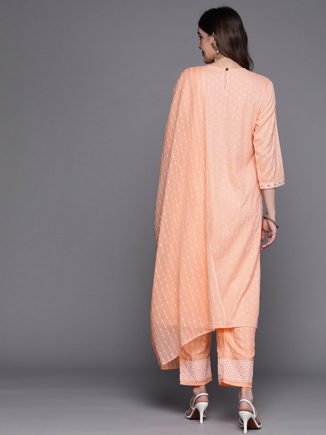 Women Peach-Coloured Embroidered Mirror Work Kurta with Trousers & Dupatta