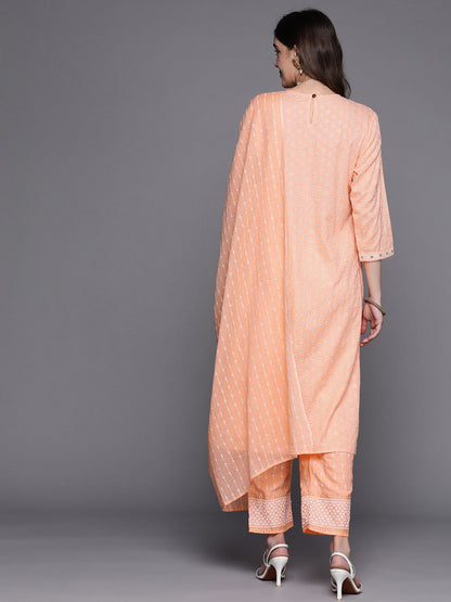Women Peach-Coloured Embroidered Mirror Work Kurta with Trousers & Dupatta