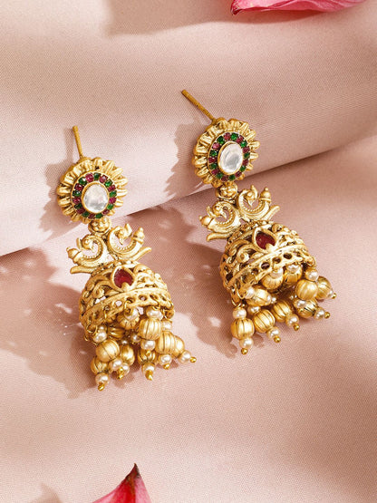 Dhiyona RJ Women's 22K Gold Plated Ruby,Emerald Kundan Studded Pearl & Gold Beaded Jewellery Set