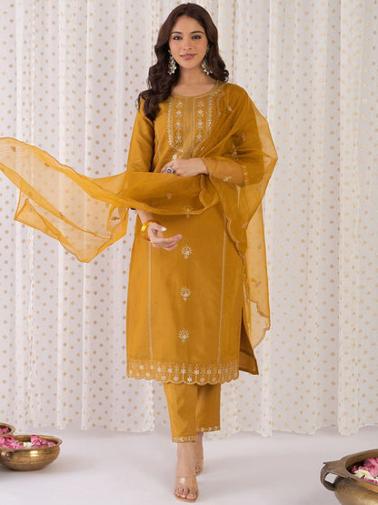 Dhiyona IE Floral Embroidered Gotta Patti Straight Kurta With Trousers & Dupatta