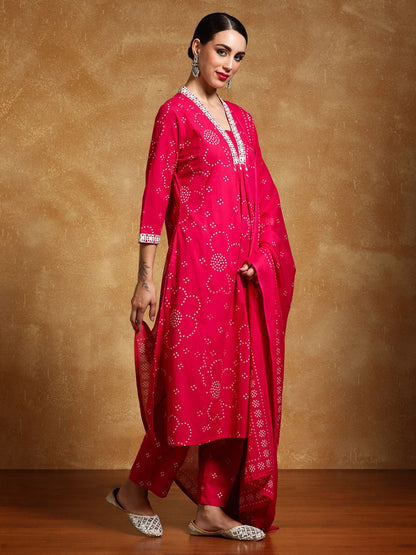 Dhiyona VA Women's Bandhani Printed Regular Kurta with Trousers & With Dupatta