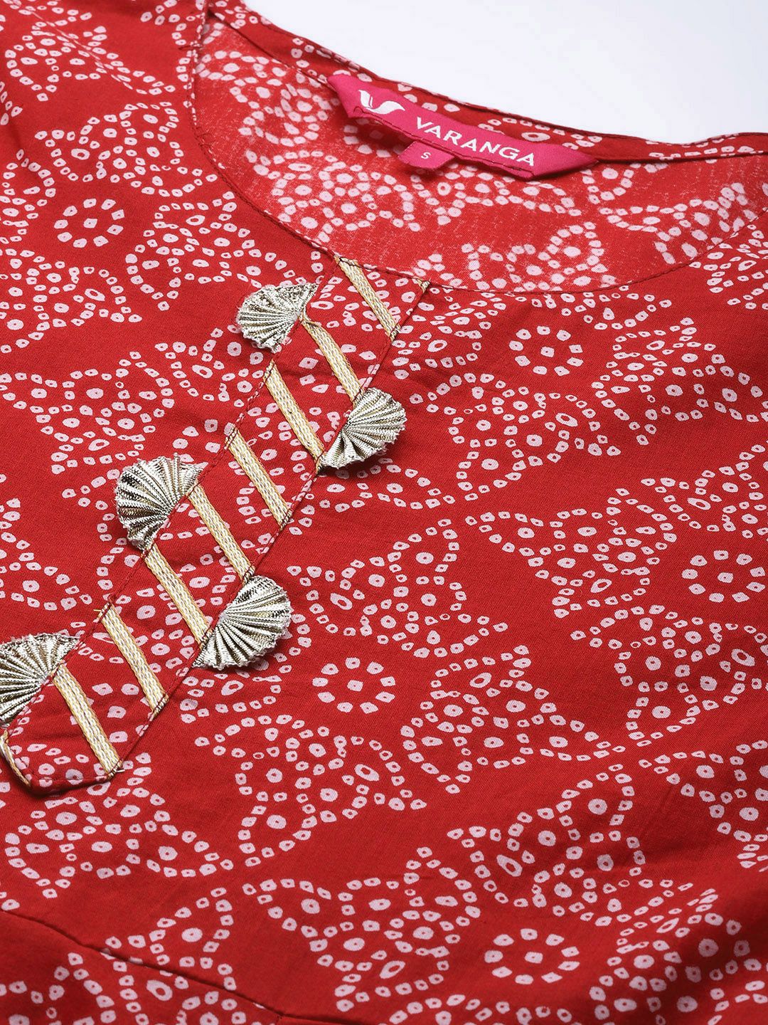 Dhiyona VA Women's Red & White Bandhani Printed Anarkali Kurta with Sharara & With Dupatta