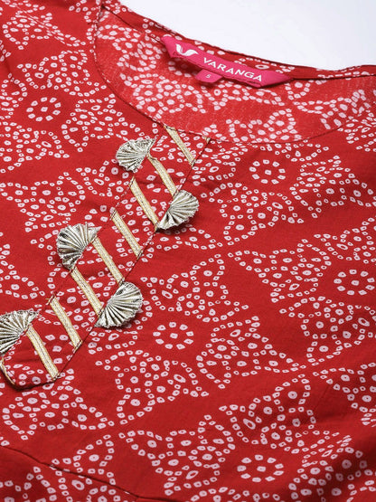 Dhiyona VA Women's Red & White Bandhani Printed Anarkali Kurta with Sharara & With Dupatta