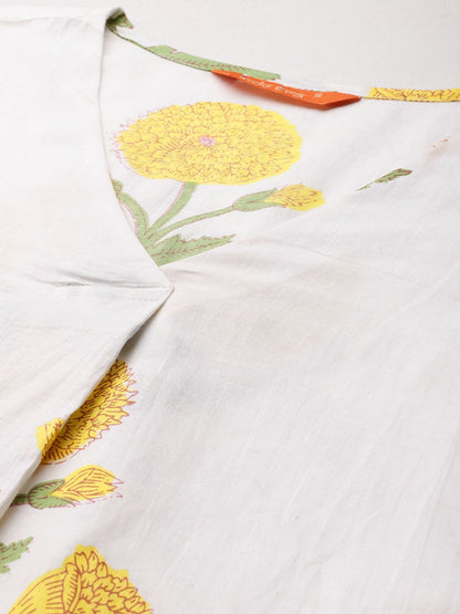 Dhiyona IE Floral Printed Pleated Pure Cotton Kurta with Trousers