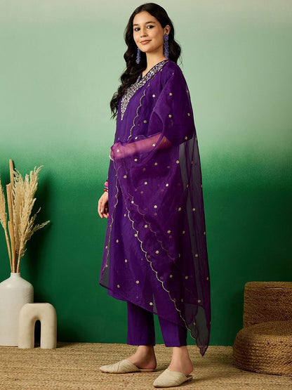 Dhiyona SN Women's Purple Floral Embroidered V-Neck Sequinned Straight Kurta With Trouser & Dupatta