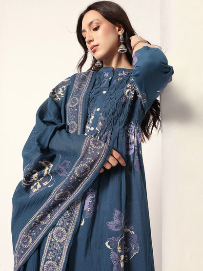 Dhiyona IS Women's Women Floral Printed Cotton Kurta with Trousers & Dupatta