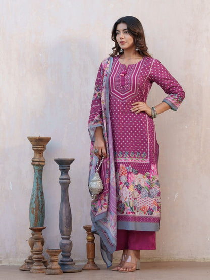 Dhiyona SN Women's Floral Printed Straight Kurta With Trousers And Dupatta