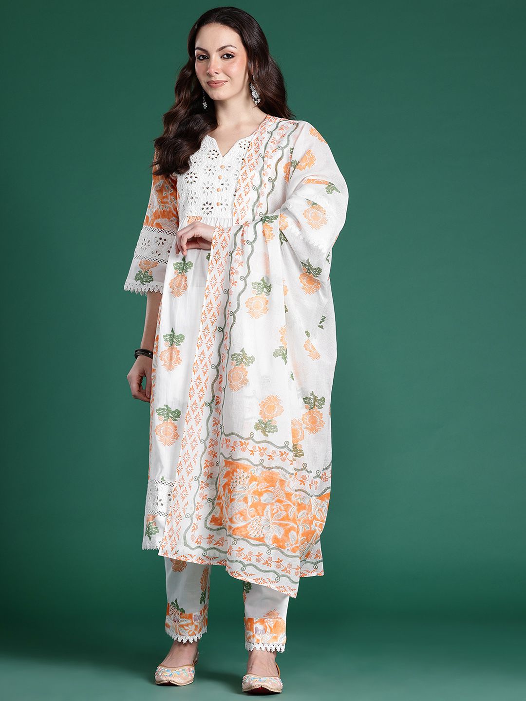 Dhiyona IE Floral Printed Pure Cotton Kurta with Trousers & Dupatta