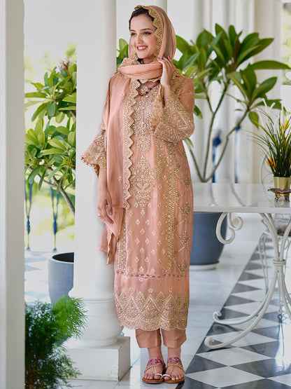 Dhiyona IE Ethnic Motifs Embroidered Sweetheart Neck Straight Kurta With Trousers & Dupatta