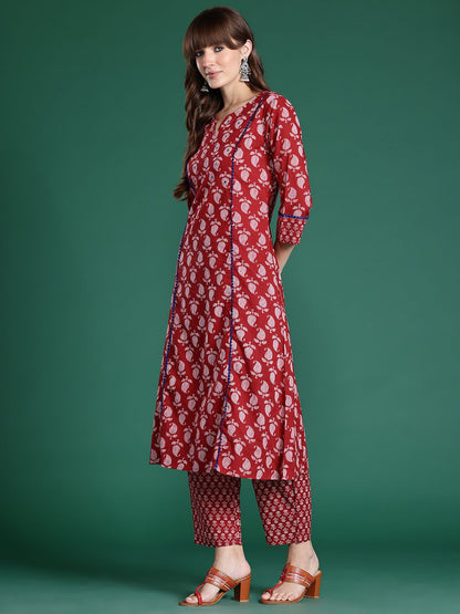 Dhiyona IE Paisley Printed Mirror Work Pure Cotton Kurta with Trousers