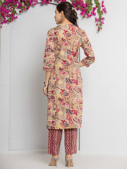 Dhiyona VA Women's Abstract Printed Neck Embroidered Regular Kurta with Trouser & Dupatta